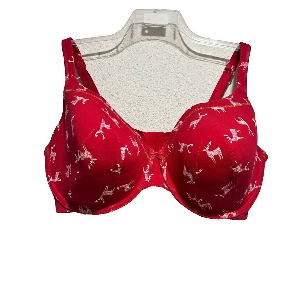 Cacique T-Shirt Bra 42F Red Lightly Lined Deer Reindeer Underwired‎ Full Support